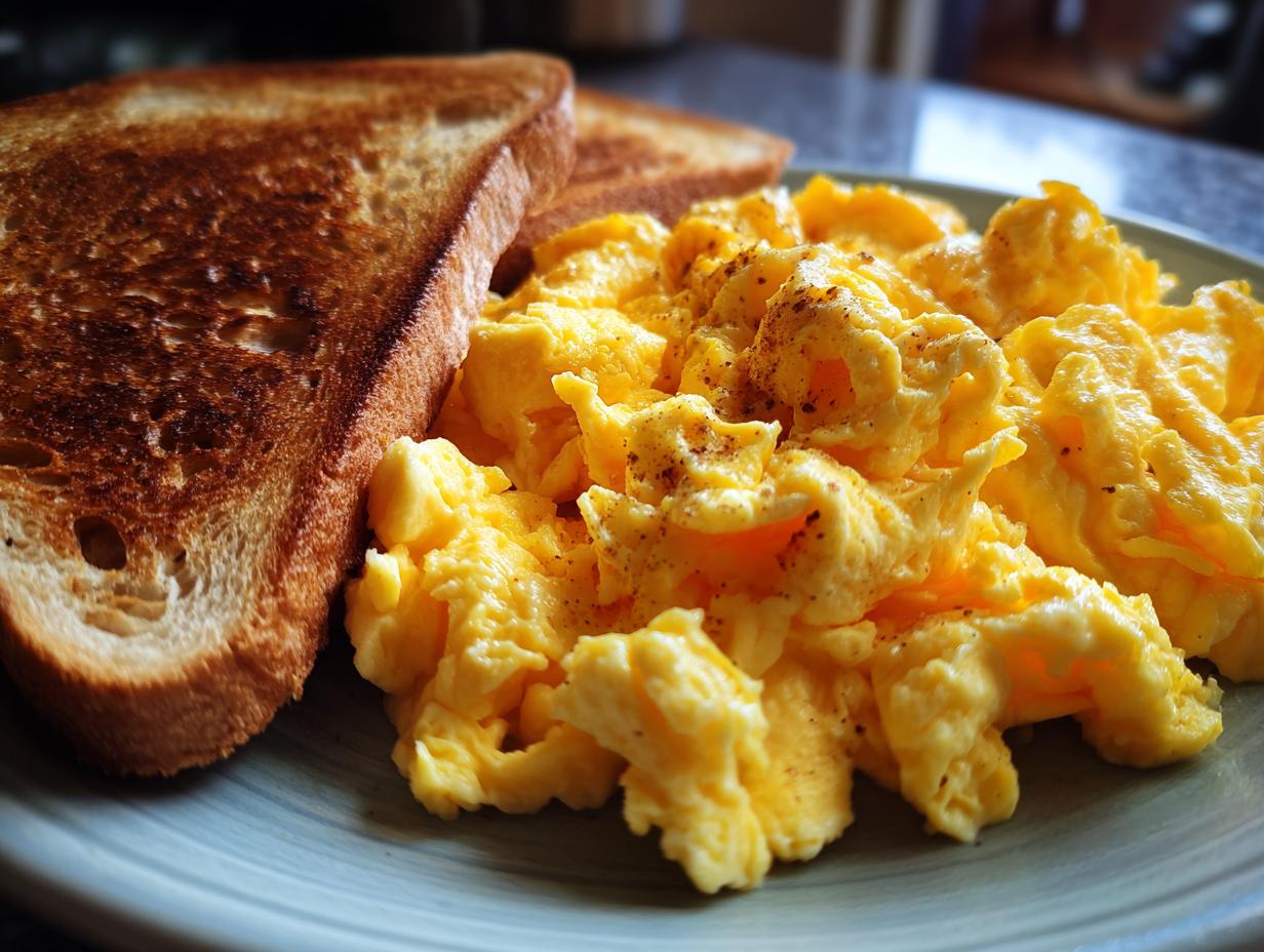 Plate with creamy scrambled eggs seasoned with pepper and two slices of toasted bread