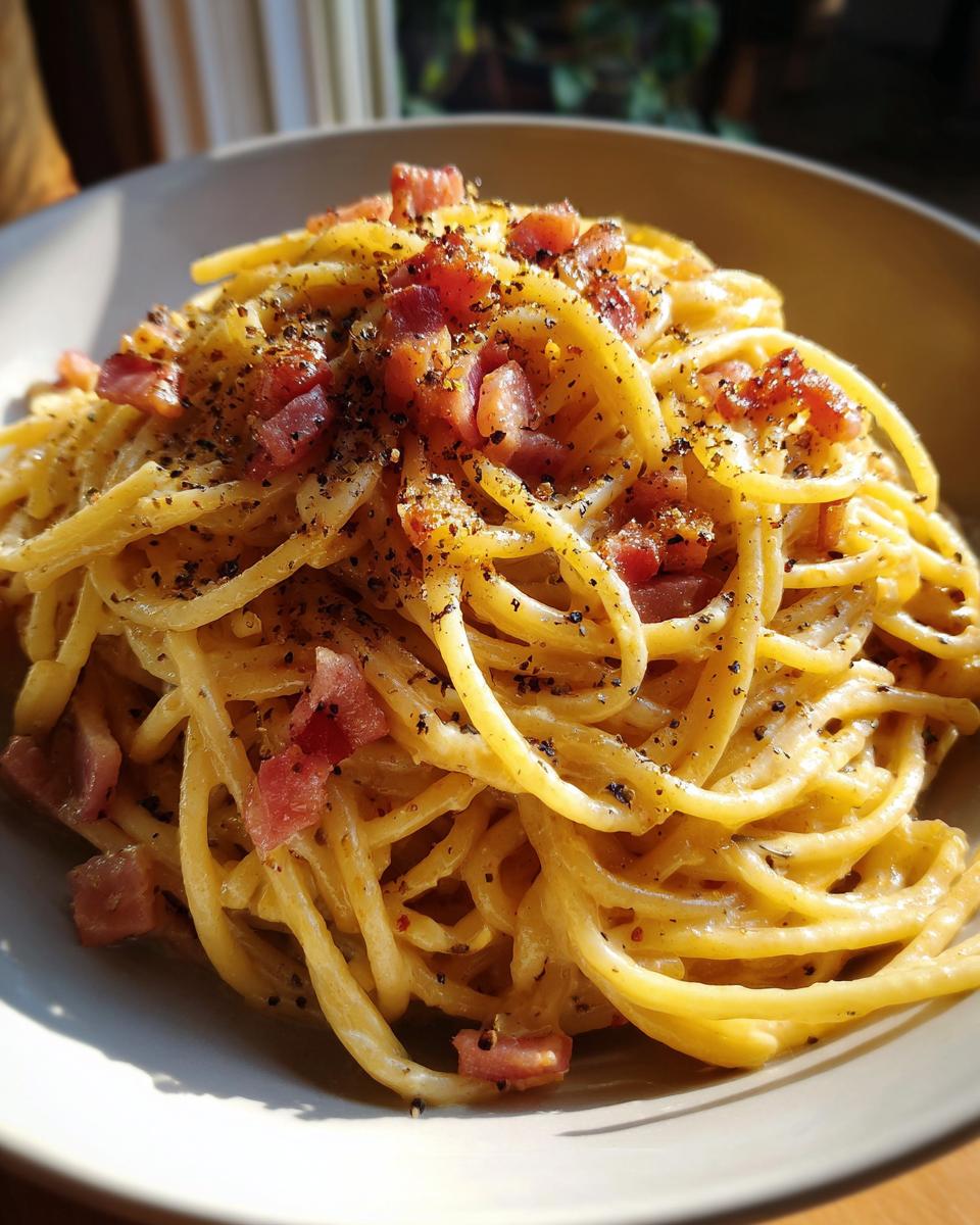Close-up of creamy spaghetti carbonara topped with bacon bits and black pepper in a white bowl.