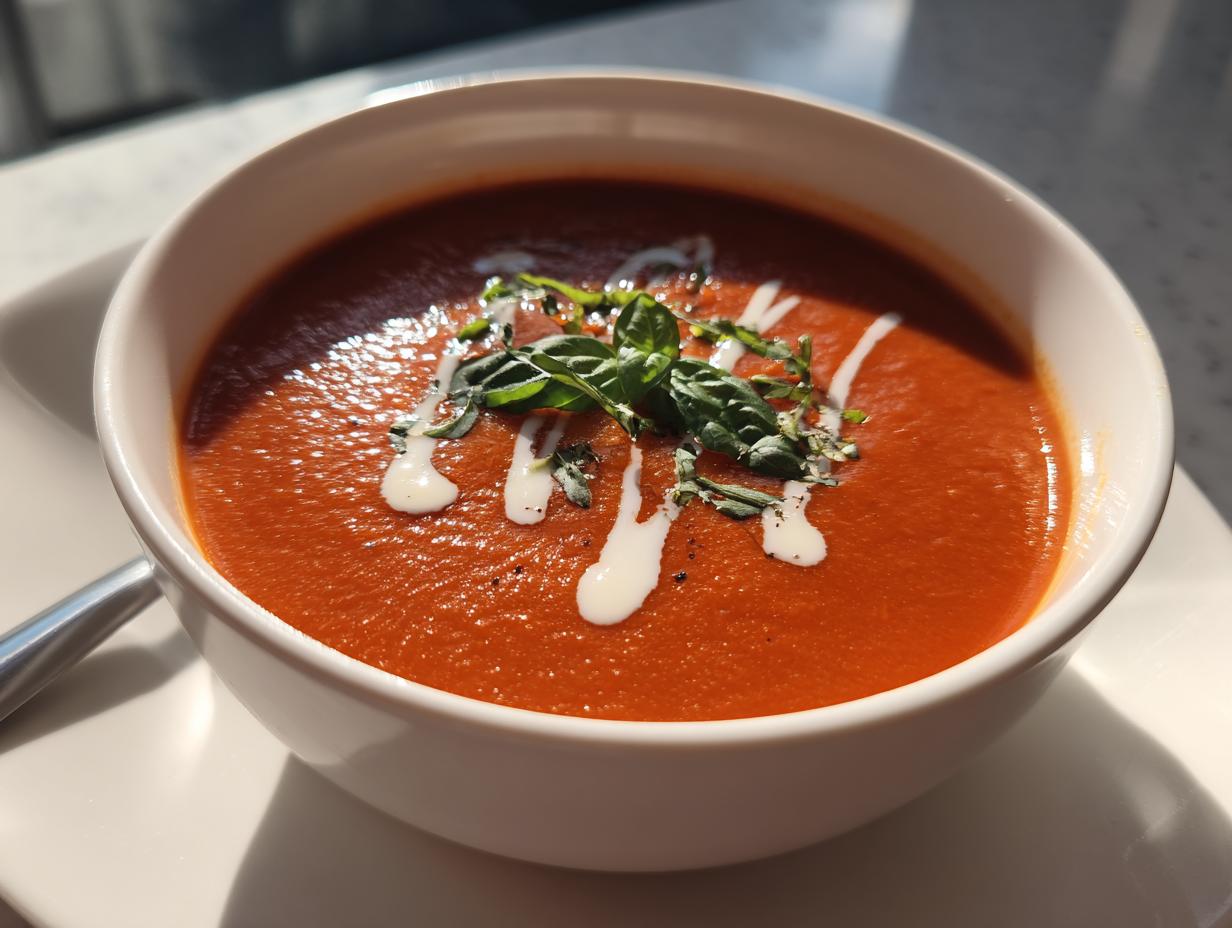 Bowl of creamy tomato soup garnished with fresh basil and drizzled cream, ready to serve.