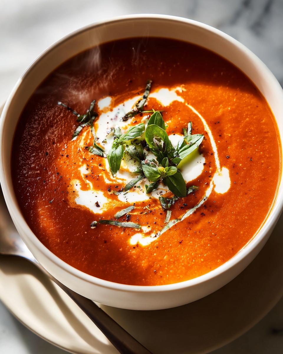 Steaming bowl of creamy tomato soup topped with fresh basil and cream swirl.