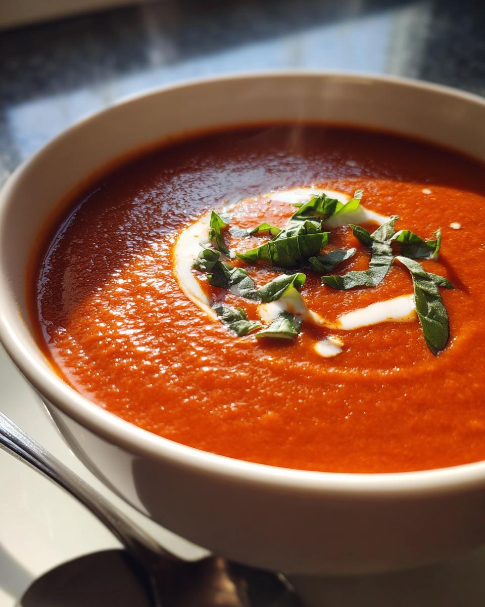 Bowl of creamy tomato soup topped with fresh basil and a swirl of cream.