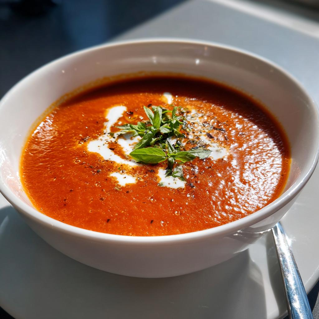 Bowl of creamy tomato soup garnished with cream, herbs, and black pepper on a white plate