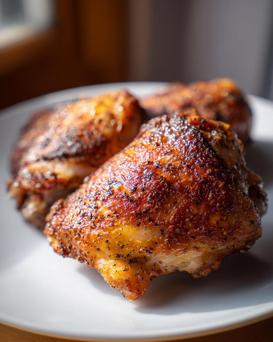 Close-up of crispy, golden-brown air fryer chicken thighs on a white plate.