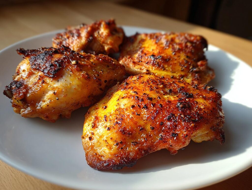 Golden crispy cooked chicken thighs seasoned and cooked in air fryer on a white plate
