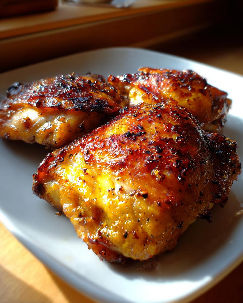 Golden crispy air fryer chicken thighs with charred seasoning on a white plate.