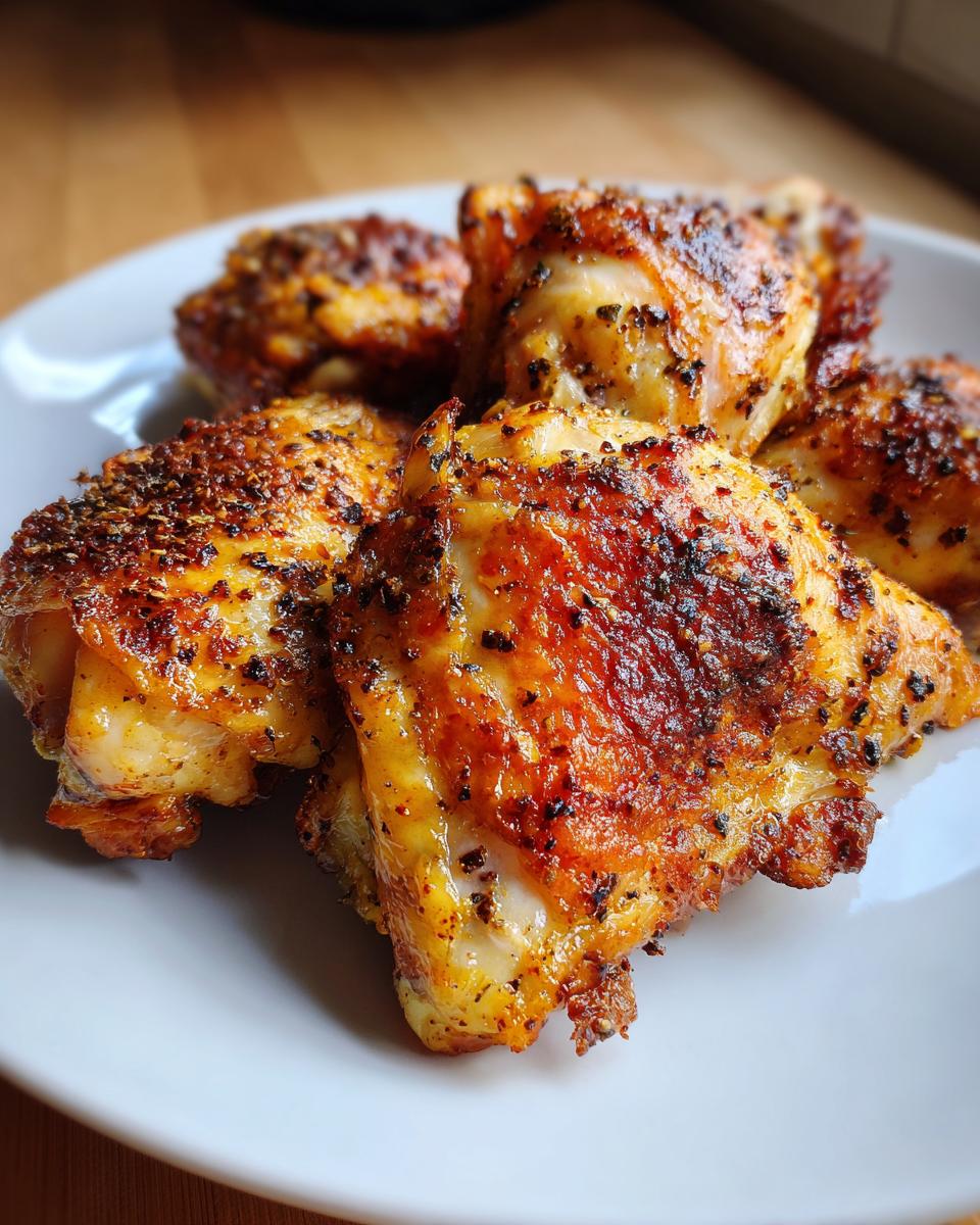 Close-up of crispy, seasoned air fryer chicken thighs stacked on a white plate