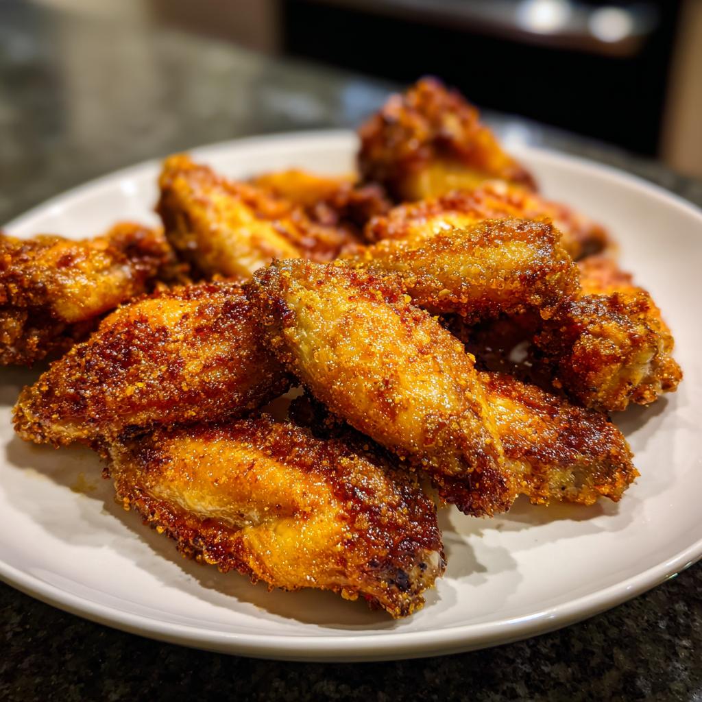 Close-up of crispy golden-brown air fryer chicken wings on a white plate.