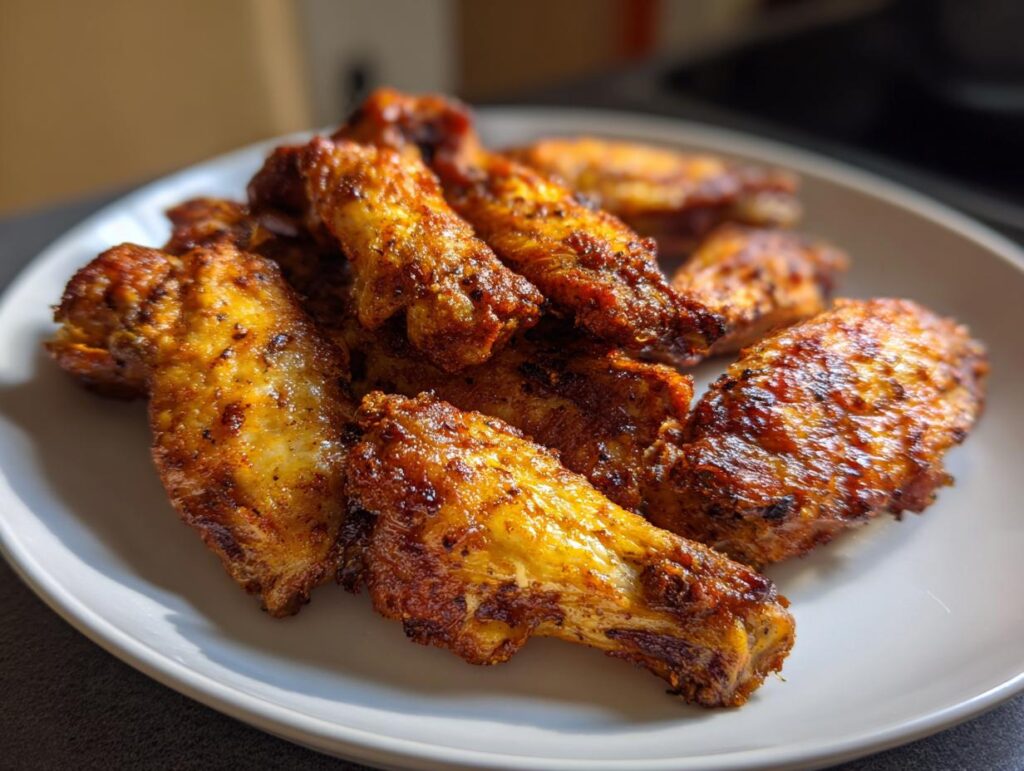 A plate of crispy, golden-brown chicken wings cooked in an air fryer.