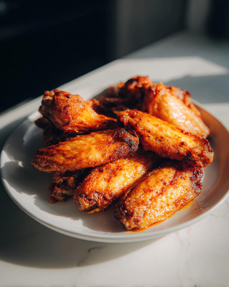 Plate of crispy and golden brown air fryer chicken wings ready to eat.