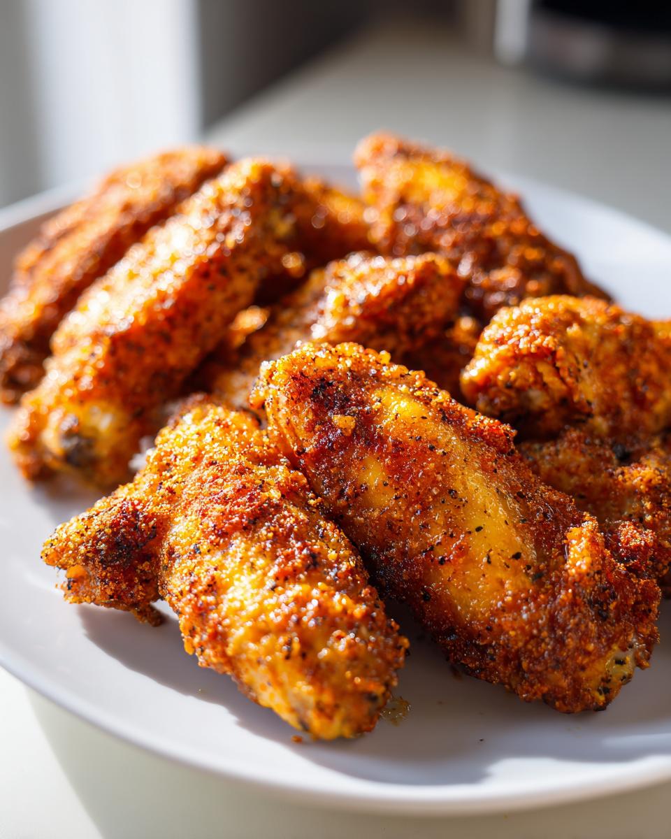 Close-up of crispy seasoned air fryer chicken wings on a white plate.