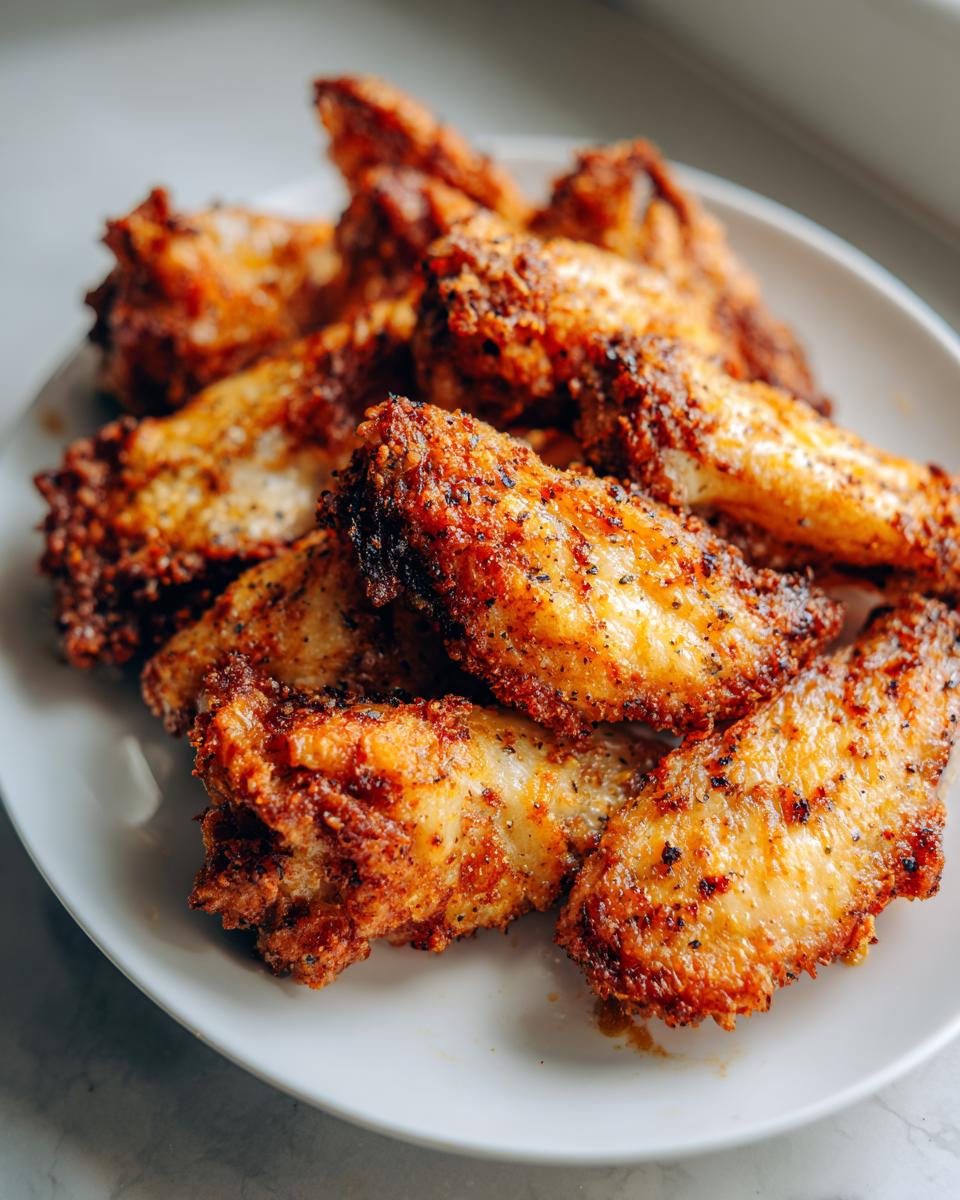 Golden crispy air fryer chicken wings seasoned and piled on a white plate.