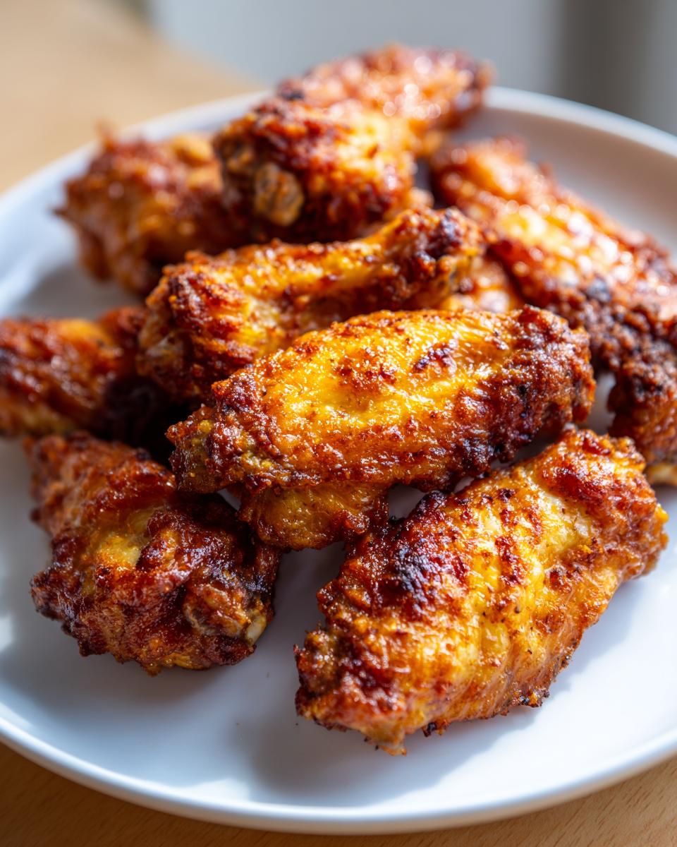 Plate of crispy golden-brown air fryer chicken wings with a perfectly cooked texture.