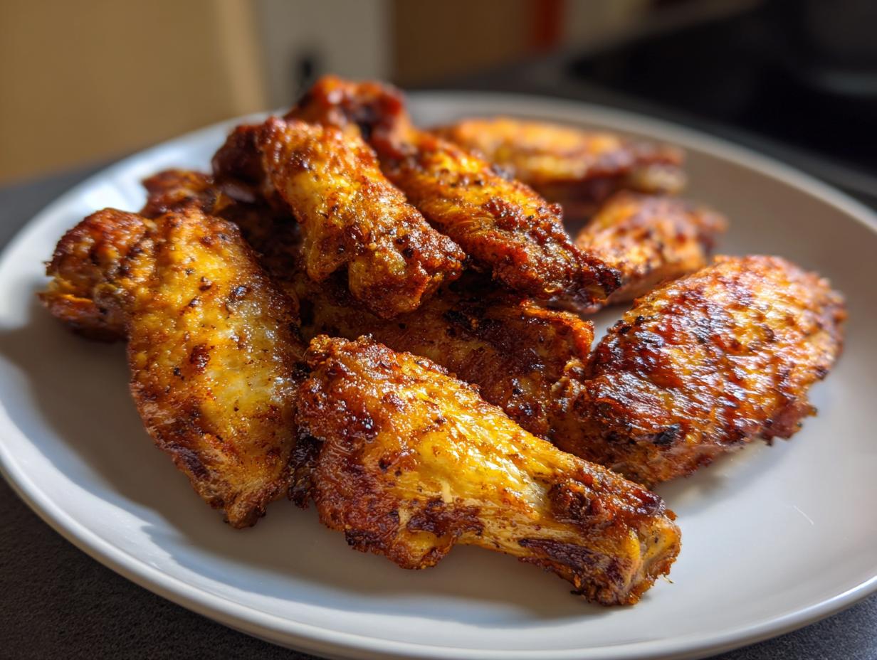 A plate of crispy, golden-brown chicken wings cooked in an air fryer.