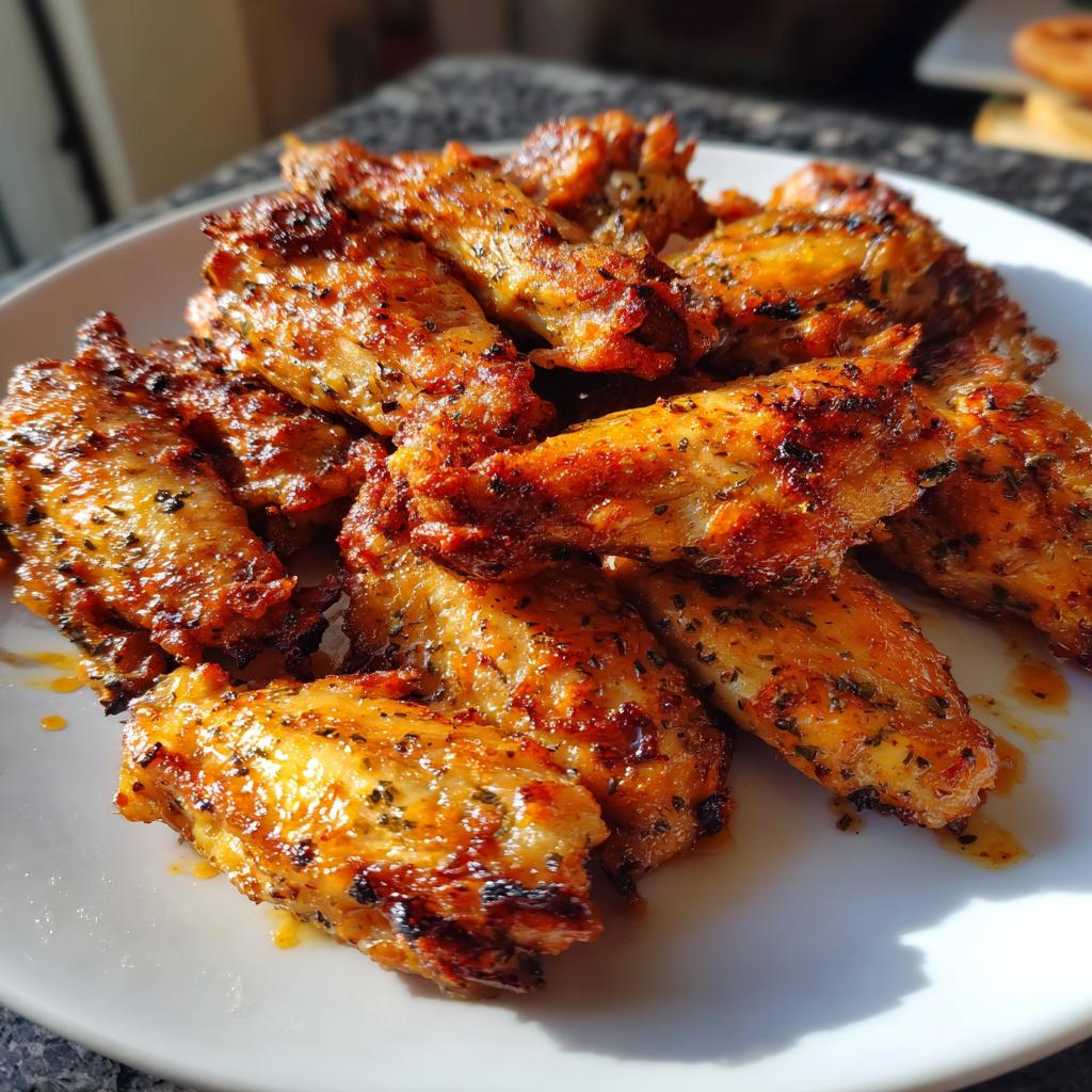 Golden crispy baked chicken wings seasoned and served on a white plate.