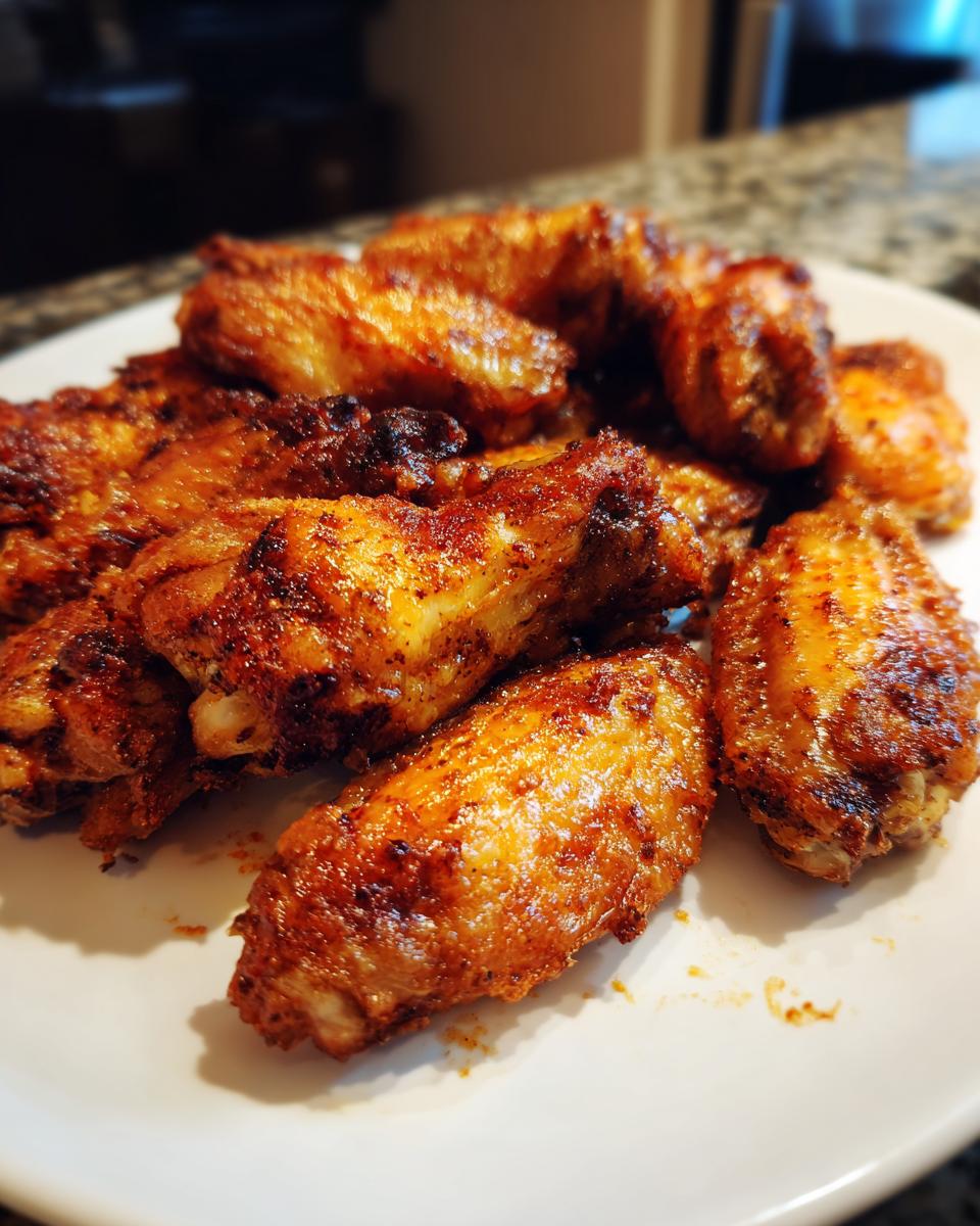 Plate filled with crispy baked chicken wings seasoned and cooked to a golden brown.