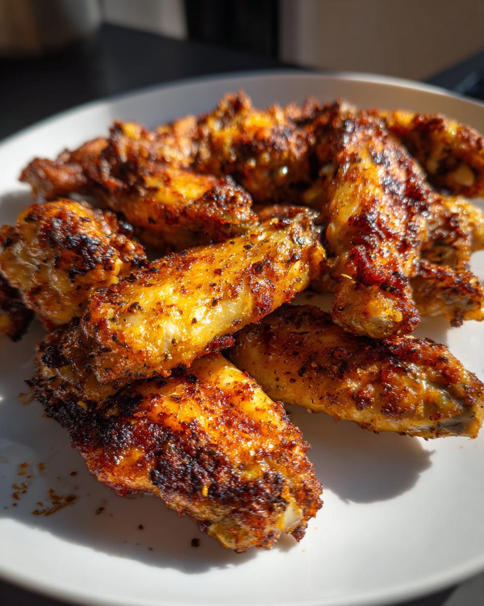 Close-up of golden crispy baked chicken wings seasoned with spices on a white plate.