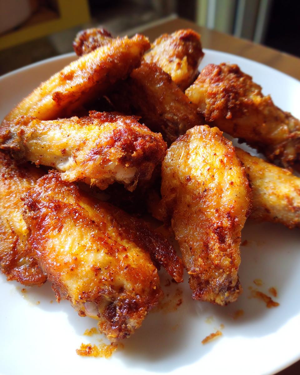 Close-up of crispy baked chicken wings with golden brown crust on a white plate.