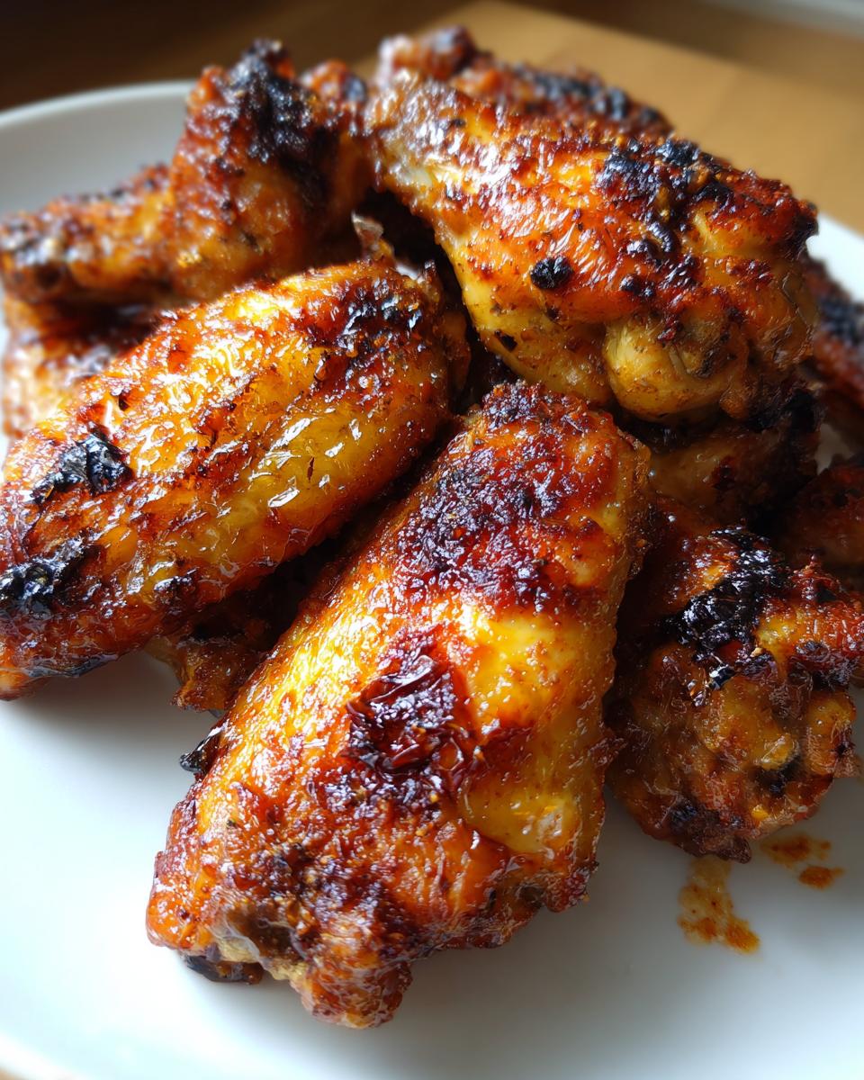 Close-up of crispy baked chicken wings with golden brown skin on a white plate.