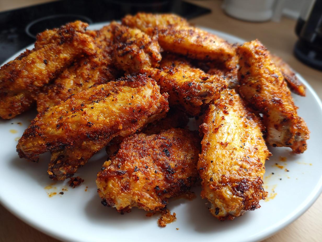 Close-up of crispy baked chicken wings seasoned and cooked to golden brown on a white plate