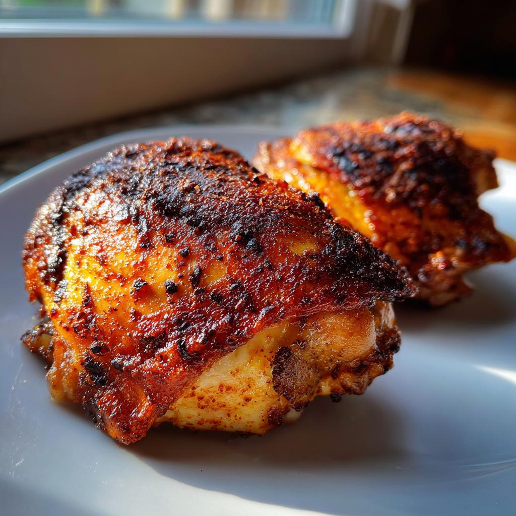 Close-up of two crispy, blackened chicken thighs cooked to perfection on a white plate.
