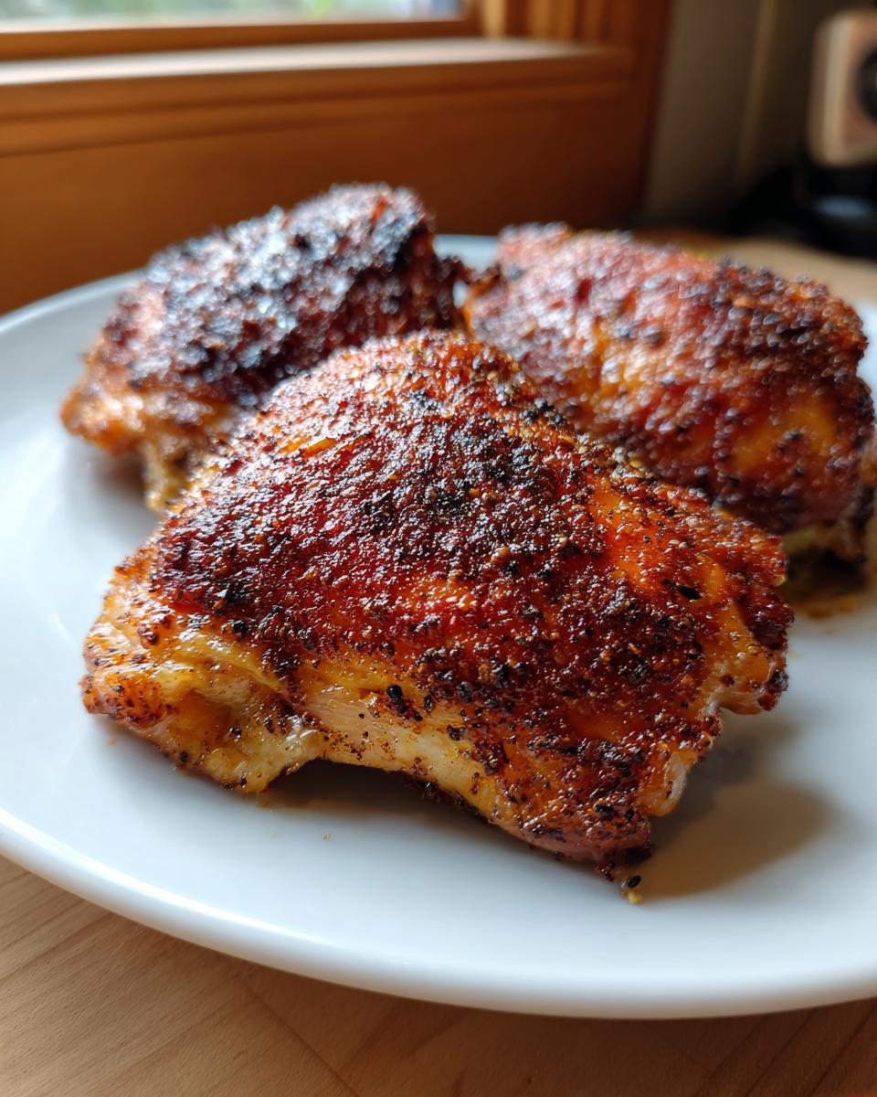 Close-up of crispy cooked chicken thighs seasoned and placed on a white plate.