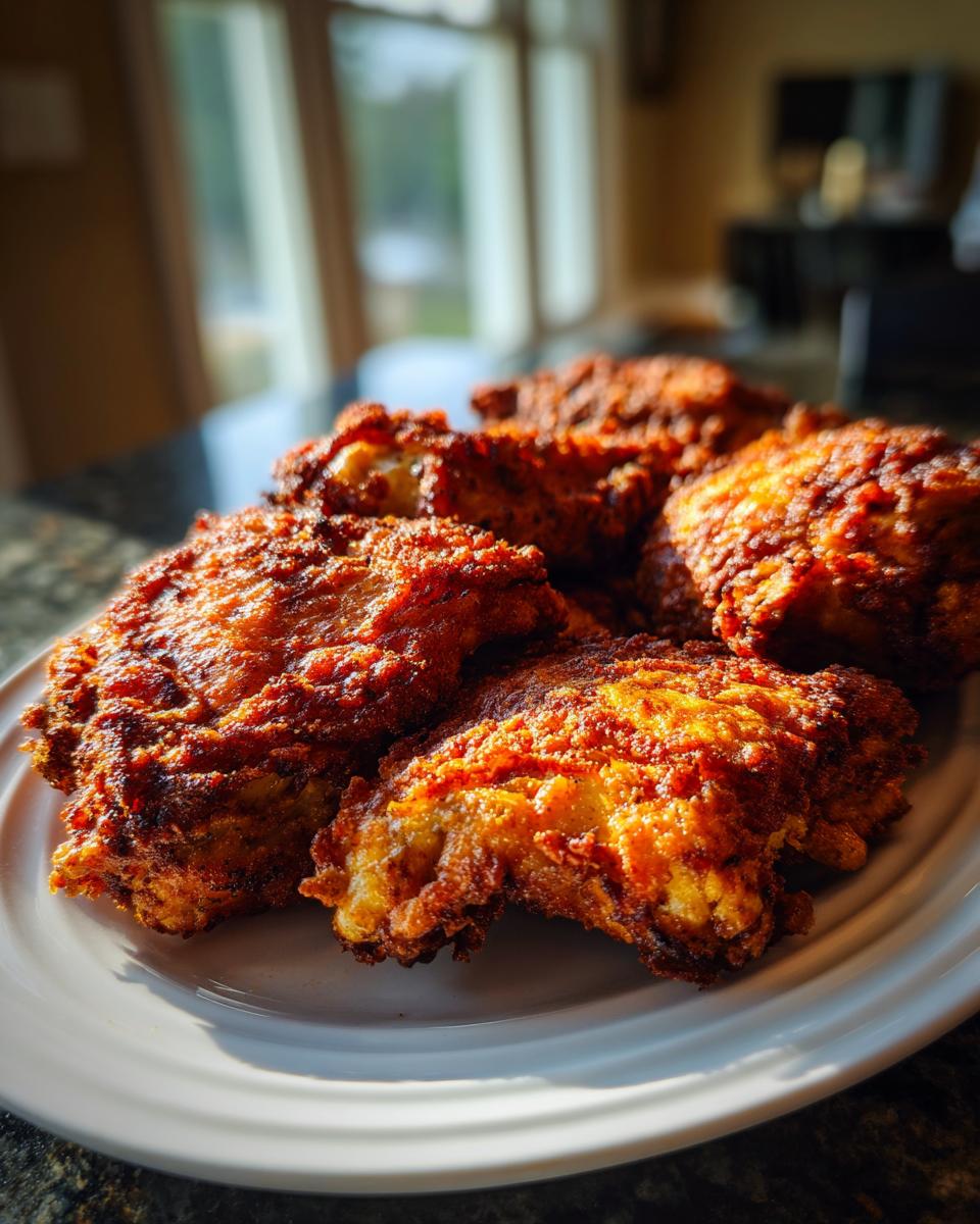 Close-up of crispy fried chicken thighs on a white plate with golden brown crust.