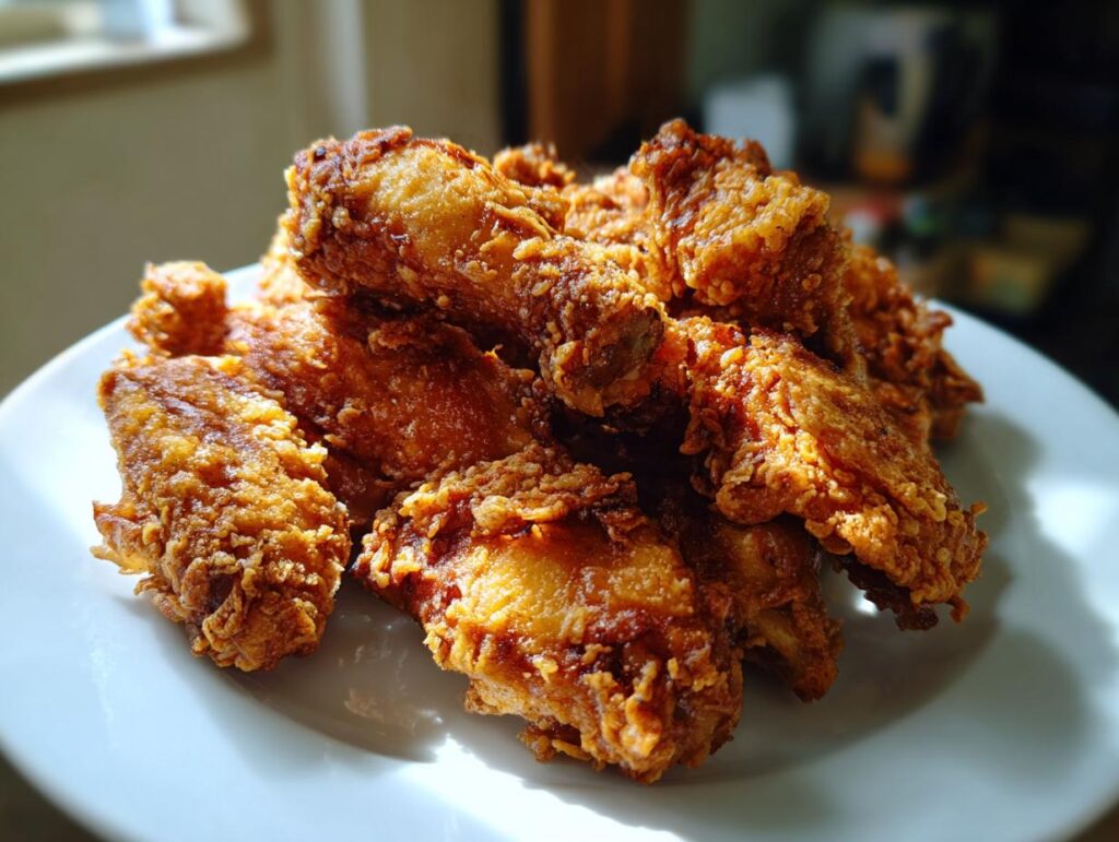 A pile of golden-brown, crispy fried chicken wings on a white plate.