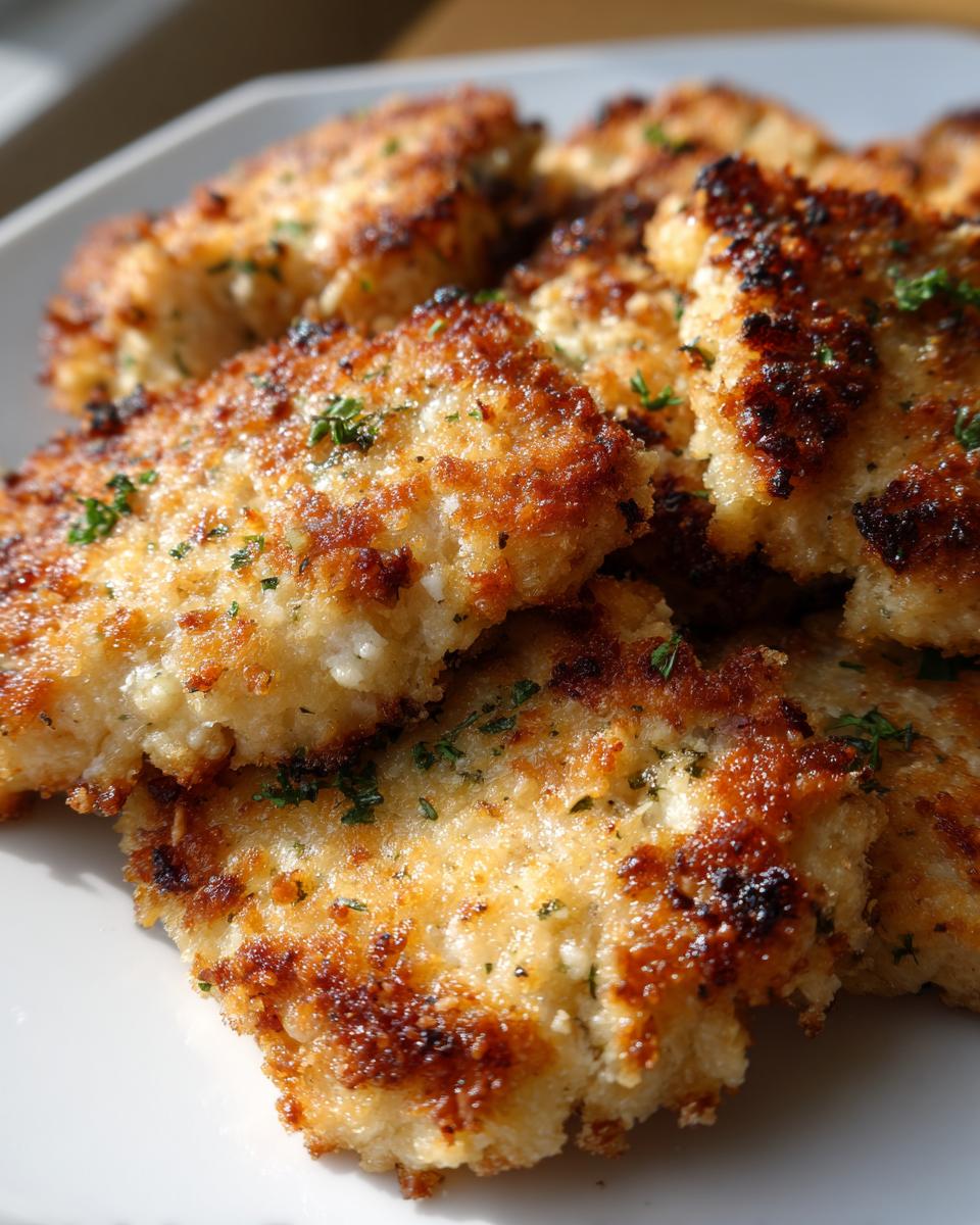 Close-up of crispy golden garlic parmesan chicken breast pieces garnished with herbs on a white plate.