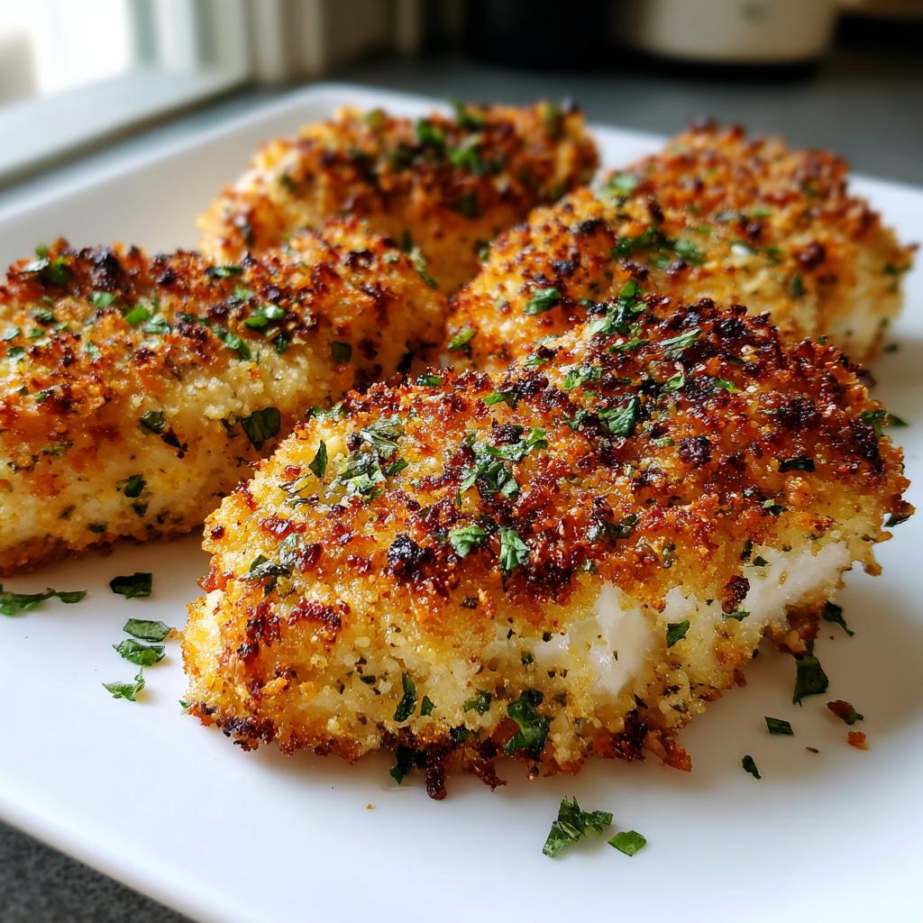 Golden crispy garlic parmesan chicken breasts garnished with chopped herbs on a white plate
