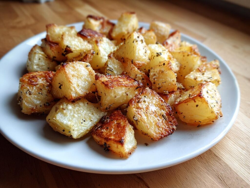 Close-up of crispy herb roasted potatoes on a white plate, perfect potato recipes dish