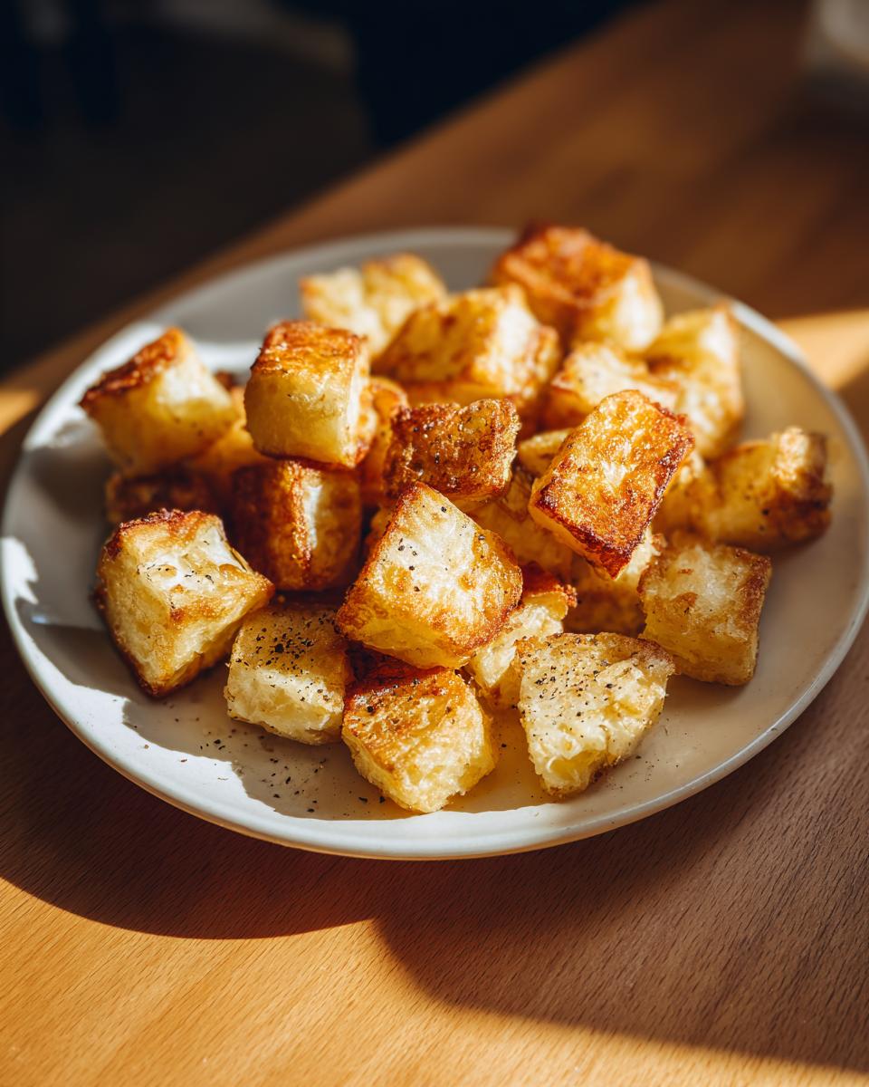 Plate of golden crispy roasted potato cubes with seasoning as a potato recipes dish