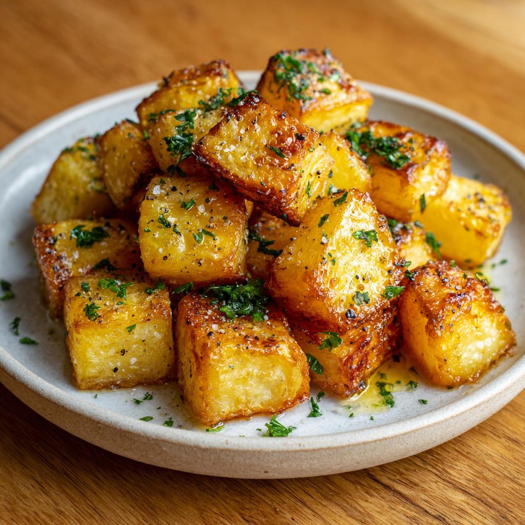 Golden crispy roasted potato cubes sprinkled with chopped herbs and sea salt on a plate.