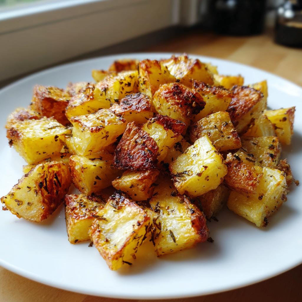 A close-up of a pile of golden-brown roasted potato cubes, seasoned with herbs, on a white plate. These are one of the best potato recipes.