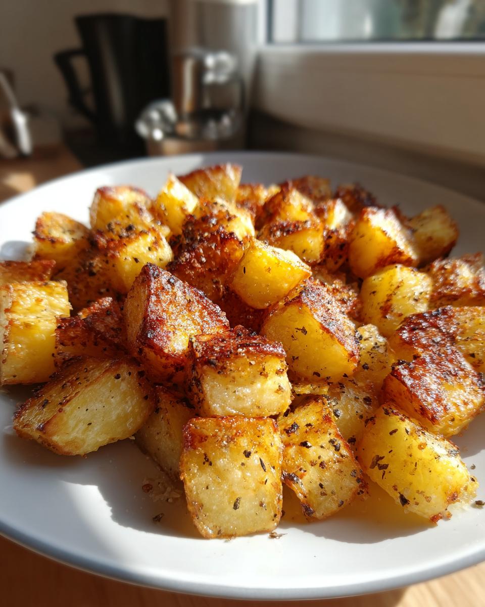 Close-up of golden brown crispy roasted potato cubes seasoned with herbs and spices.