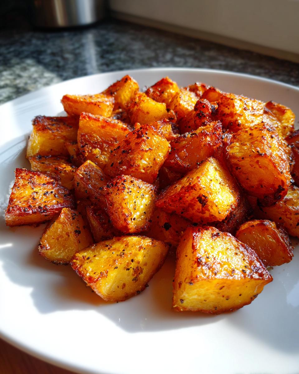 A close-up shot of perfectly roasted potato wedges, seasoned with spices, on a white plate.