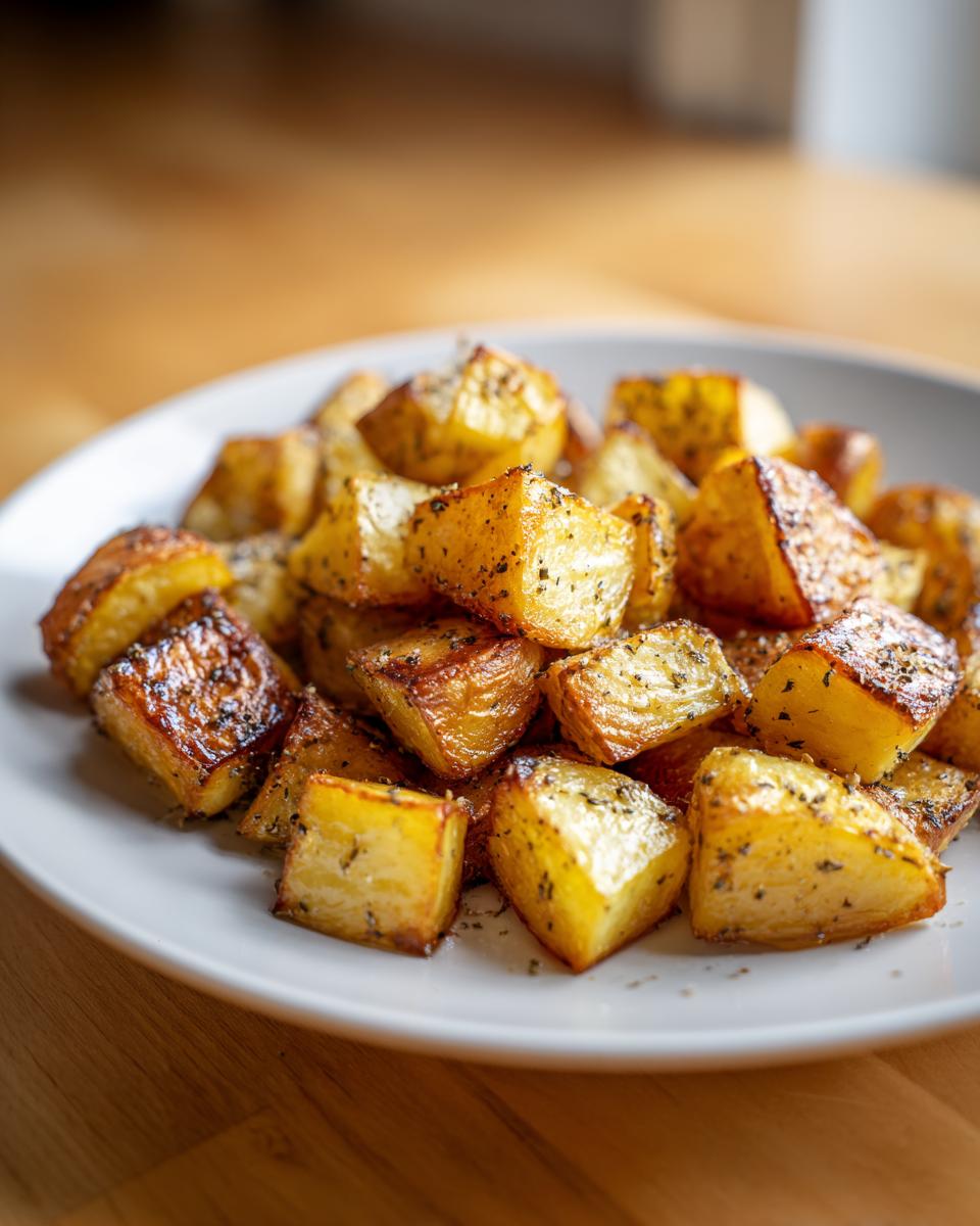 Plate of crispy roasted potatoes seasoned with herbs on a wooden table surface