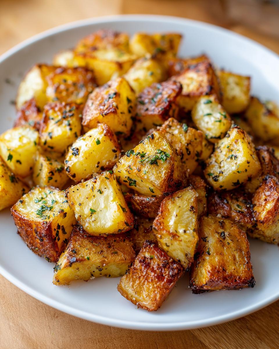 Golden crispy roasted potatoes seasoned with herbs on a white plate.