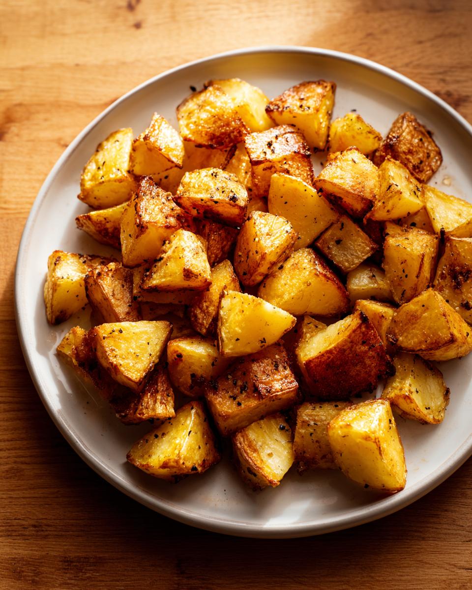 Golden crispy roasted potato chunks seasoned with herbs on a white plate.
