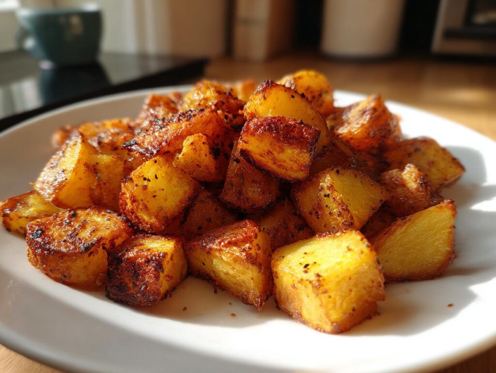 A close-up of a pile of golden-brown, crispy roasted potatoes seasoned with herbs and spices.