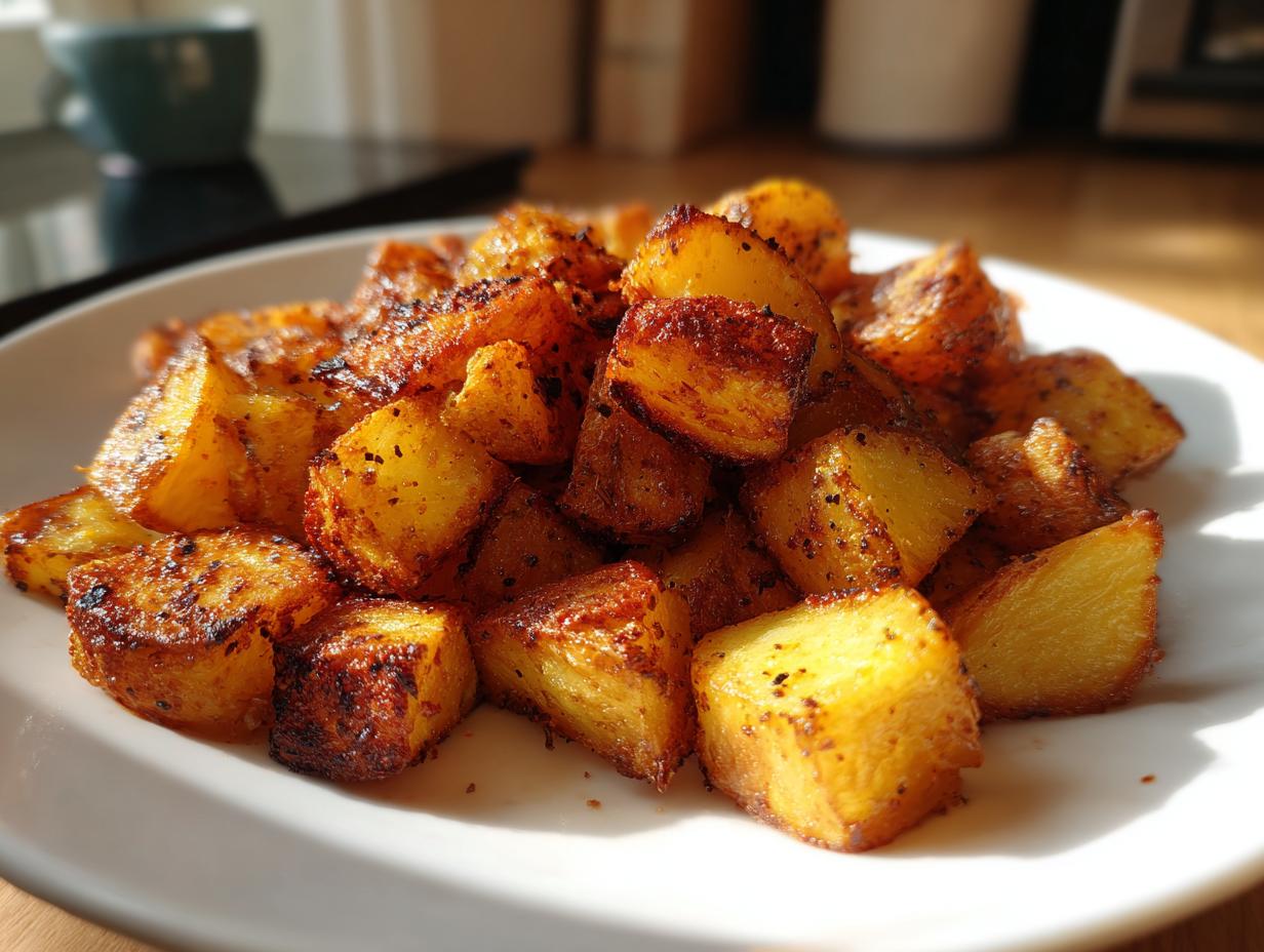 A close-up of a pile of golden-brown, crispy roasted potatoes seasoned with herbs and spices.