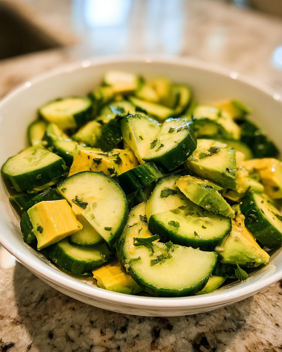 Close-up of a refreshing cucumber and avocado salad, perfect for healthy meals.