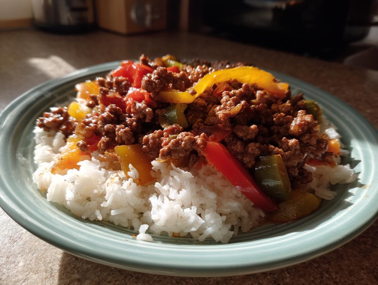 A close-up of an easy dinner recipe featuring seasoned ground beef and colorful bell peppers served over fluffy white rice on a light blue plate.
