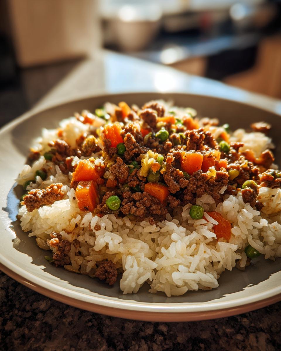 A close-up of a bowl of white rice topped with seasoned ground beef, diced carrots, and peas, perfect for easy dinner recipes.
