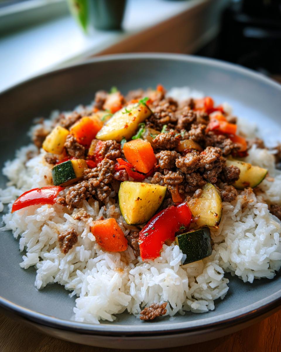 A close-up of a bowl filled with white rice topped with seasoned ground beef, zucchini, bell peppers, and carrots, perfect for easy dinner recipes.