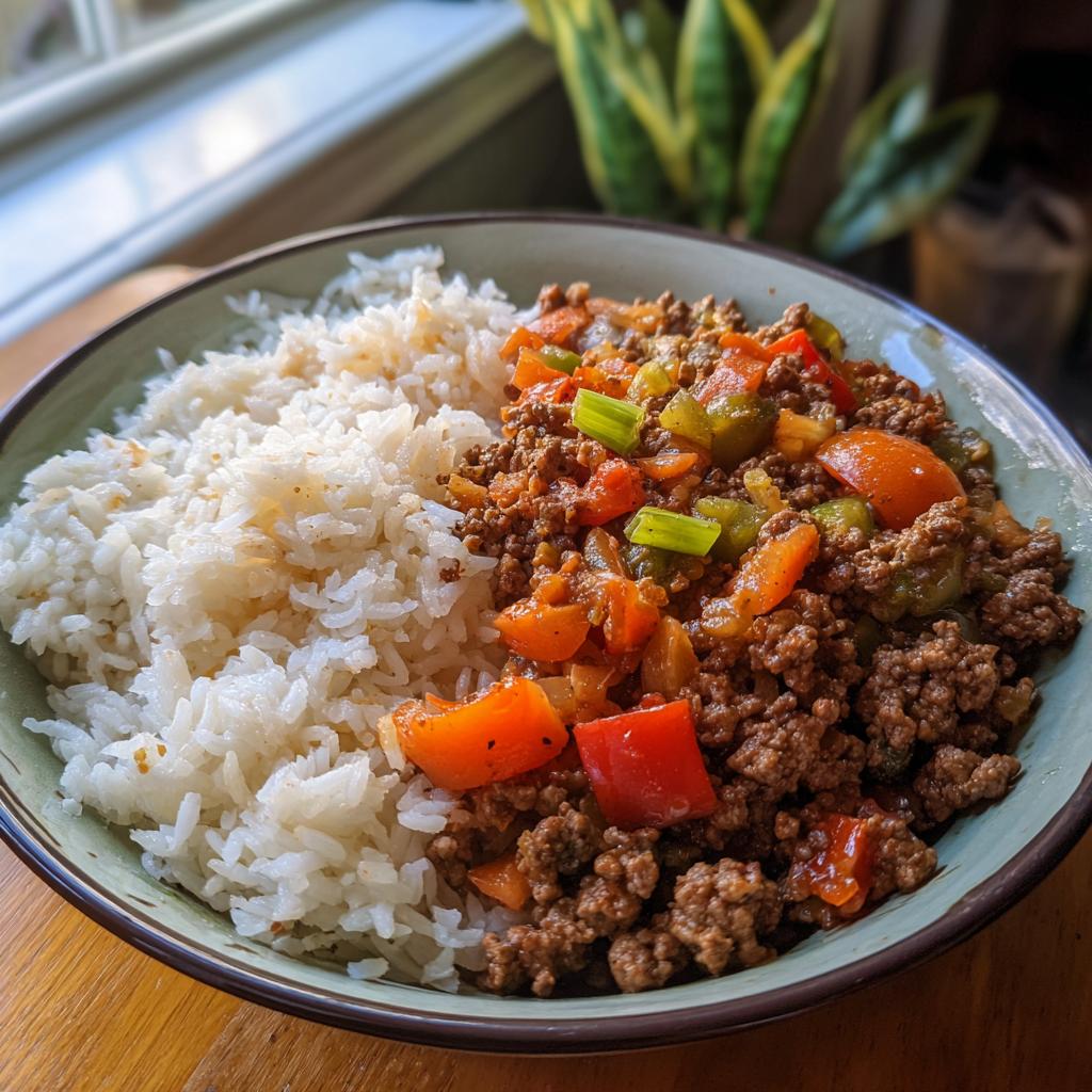 A hearty bowl of fluffy white rice served with a savory ground beef and vegetable mixture, perfect for easy dinner recipes.