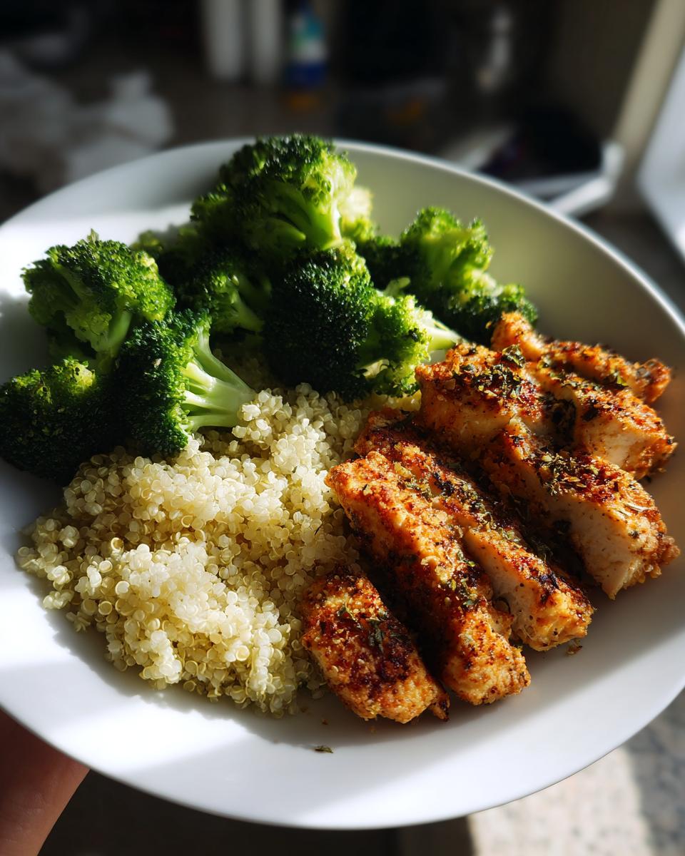 A plate with seasoned chicken strips, steamed broccoli florets, and fluffy quinoa, representing easy healthy dinner recipes.