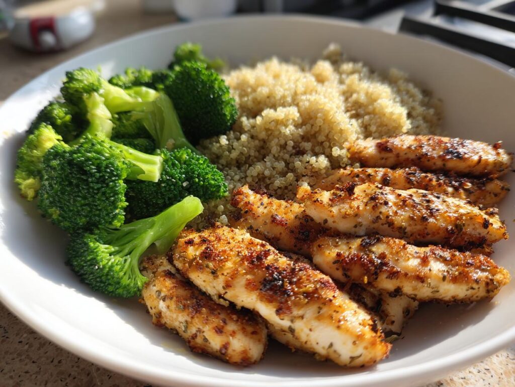 A white bowl filled with seasoned chicken strips, steamed broccoli florets, and fluffy quinoa, representing easy healthy dinner recipes.