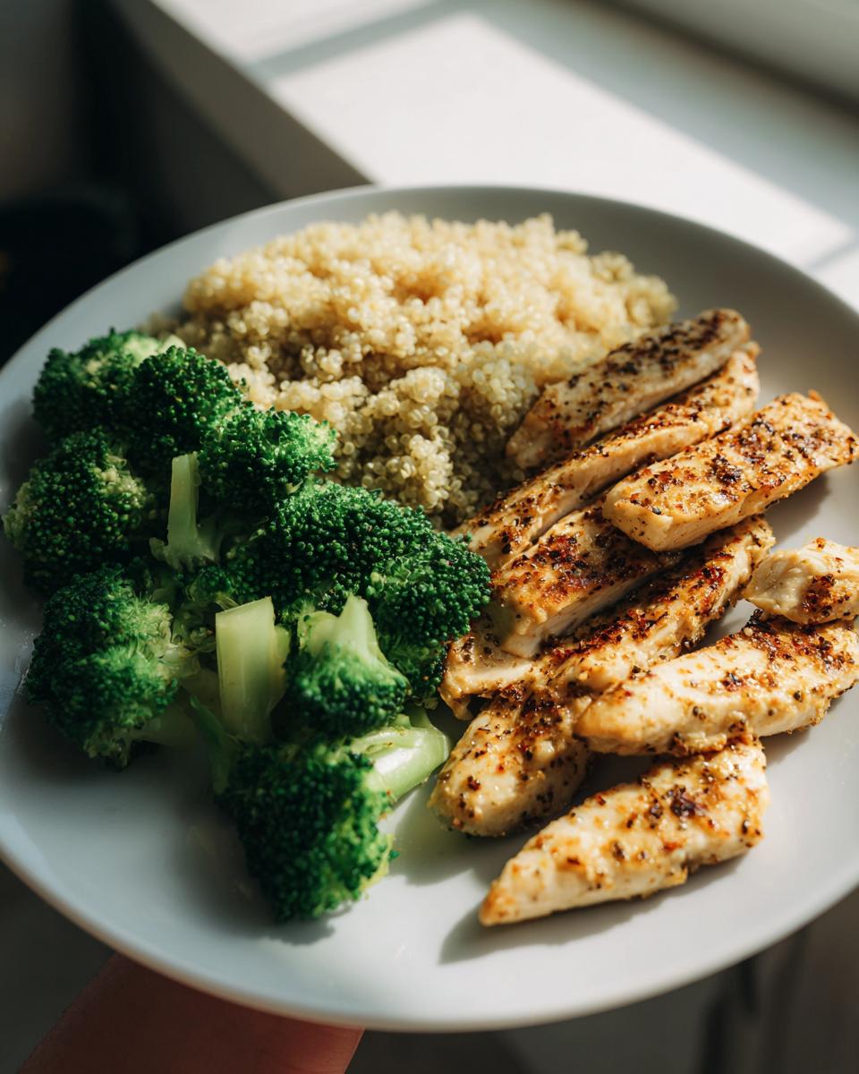 A plate with seasoned chicken strips, steamed broccoli, and quinoa, representing easy healthy dinner recipes.