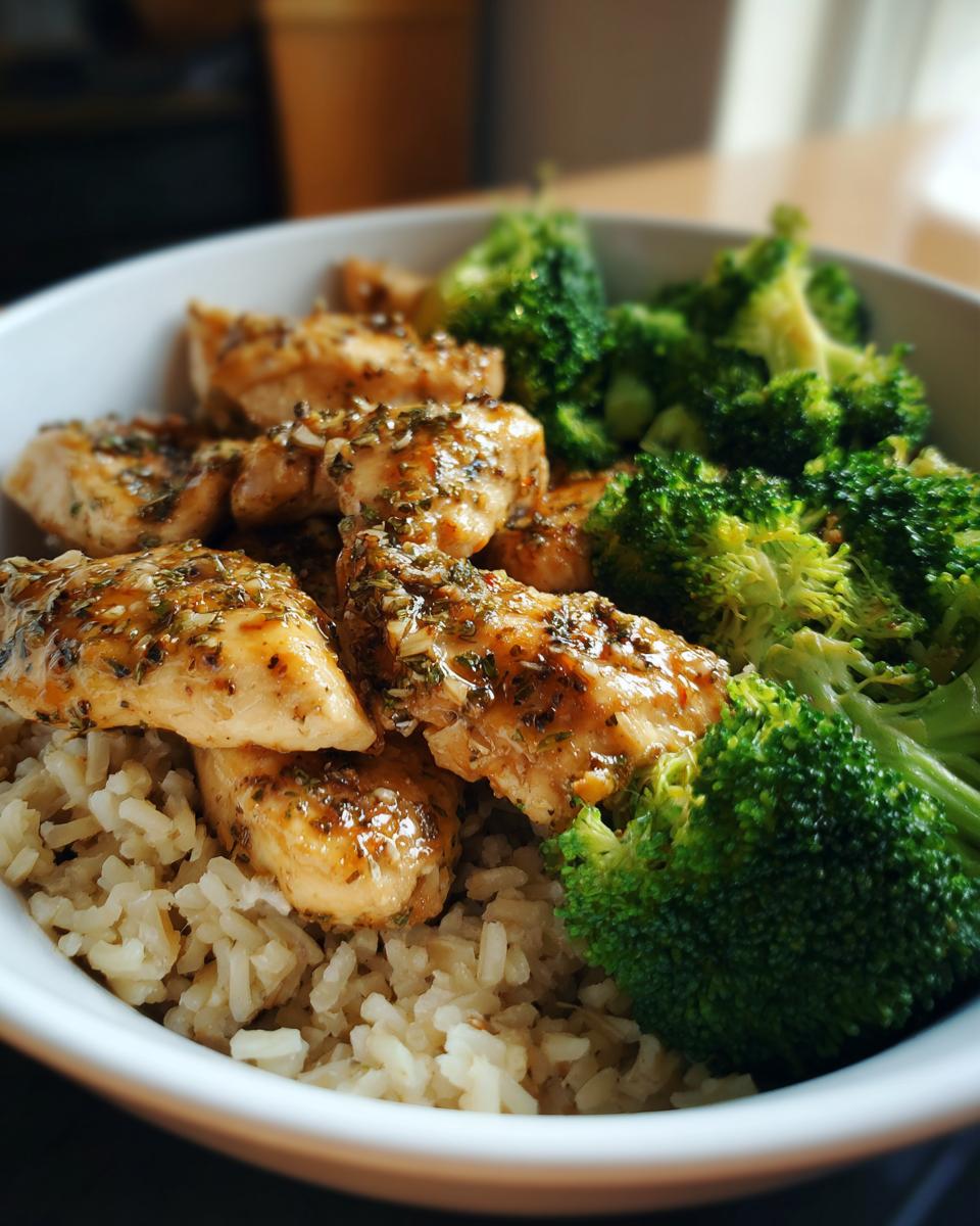 Bowl of seasoned chicken, steamed broccoli, and rice for easy healthy dinner recipes