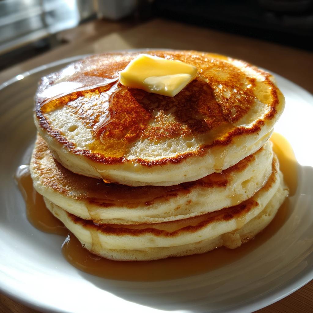 A stack of three fluffy pancakes topped with butter and drizzled with syrup, a perfect breakfast idea.